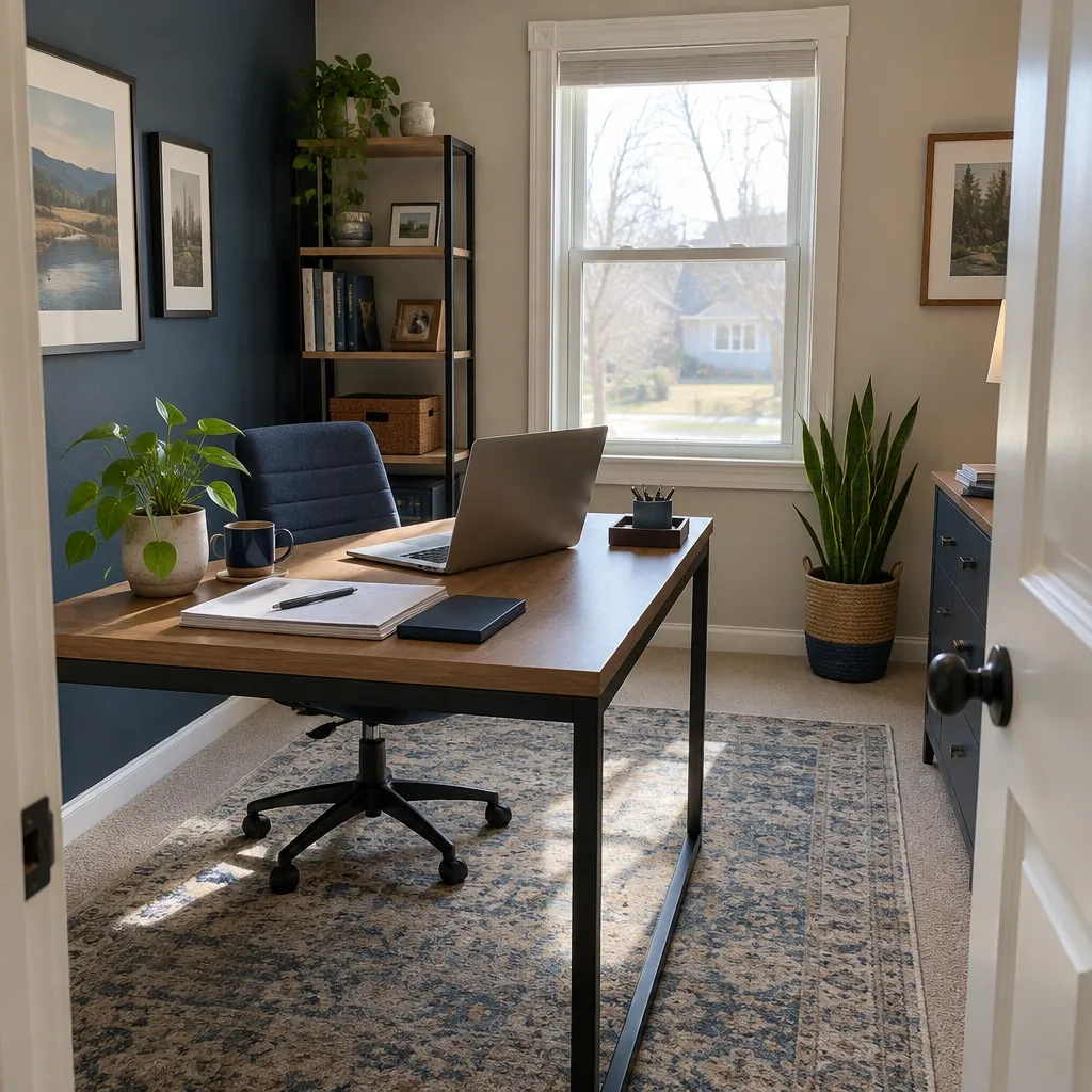 A dedicated home office workspace with a desk, laptop, and business papers