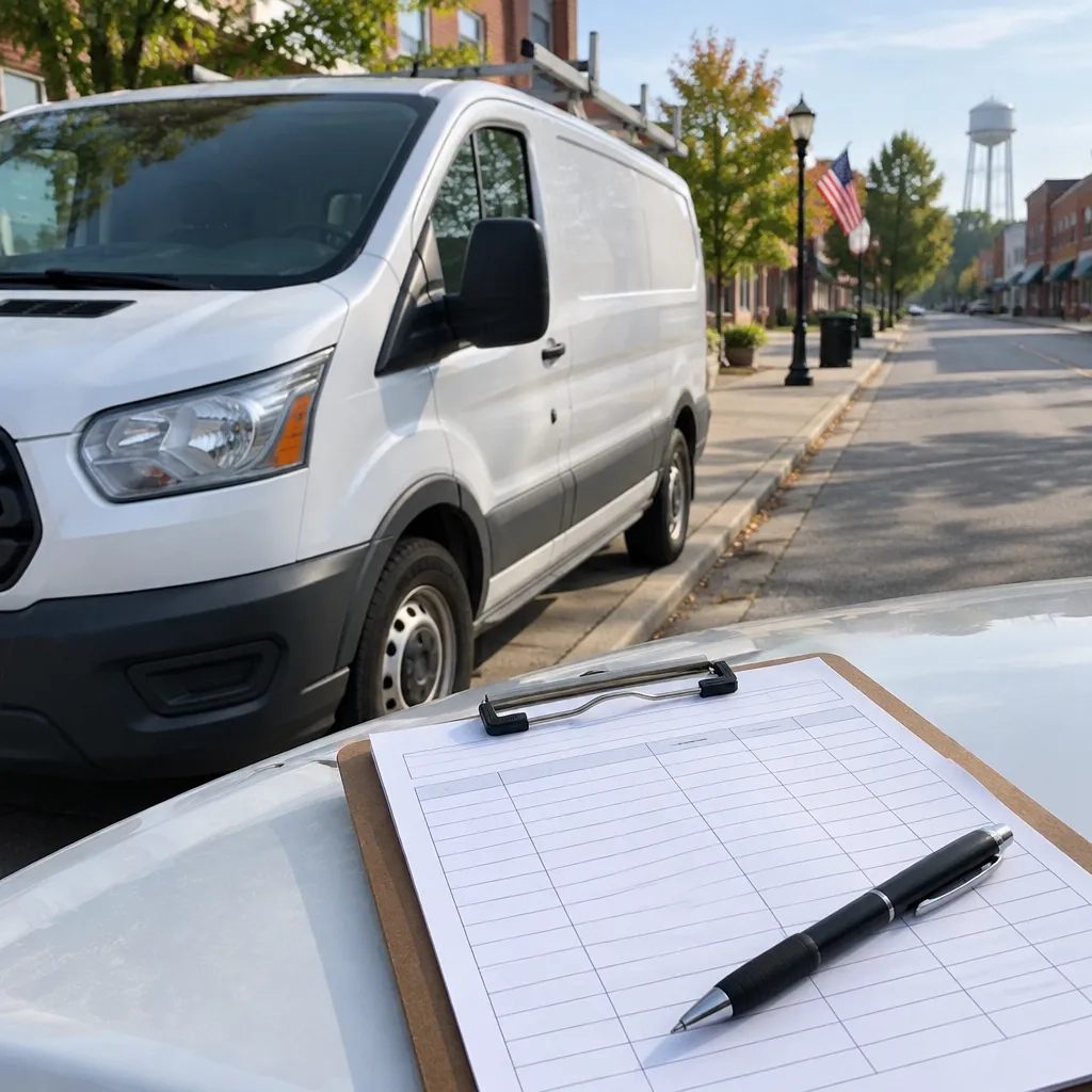 A parked vehicle and a clipboard with a mileage log