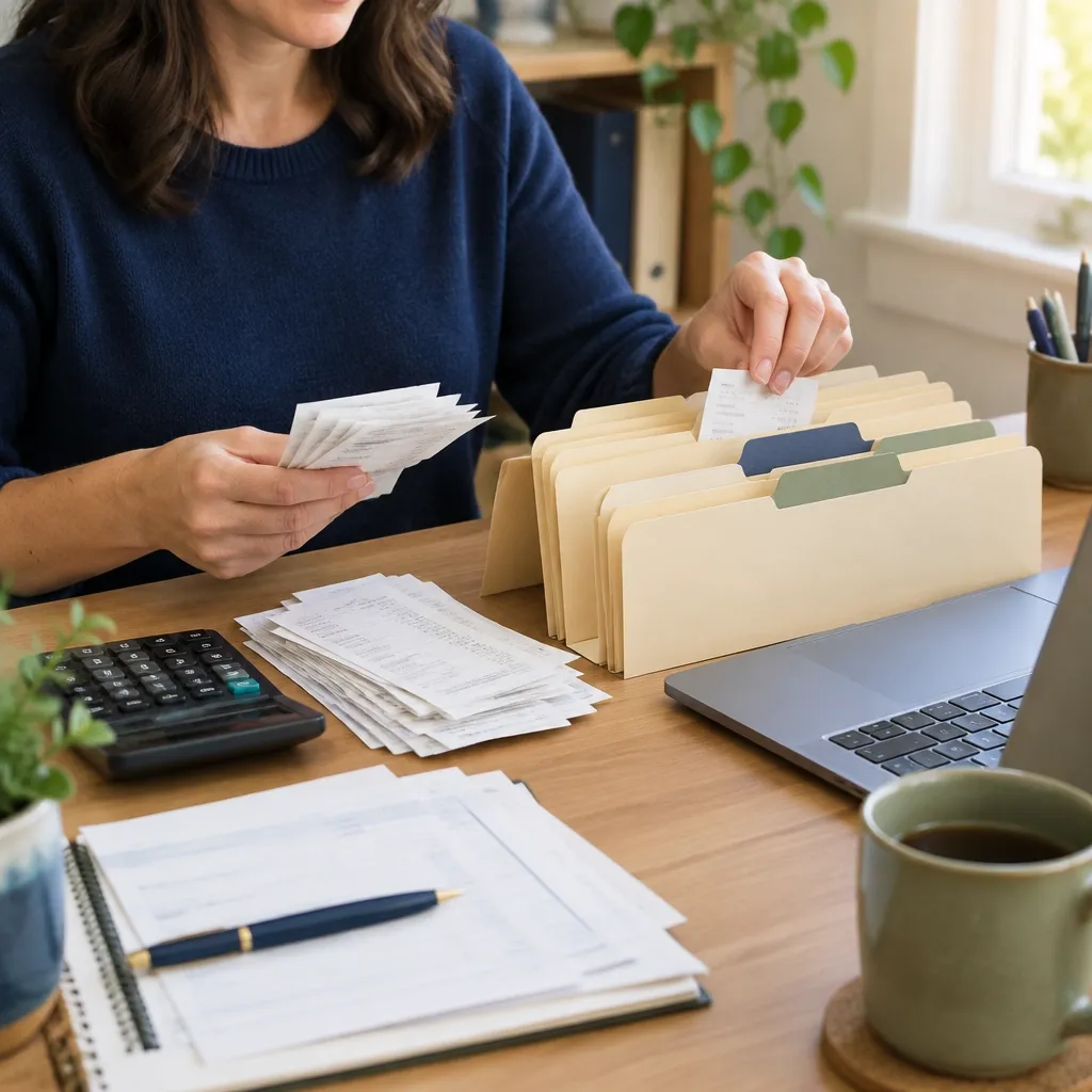 Small business owner organizing receipts, invoices, and folders at a desk
